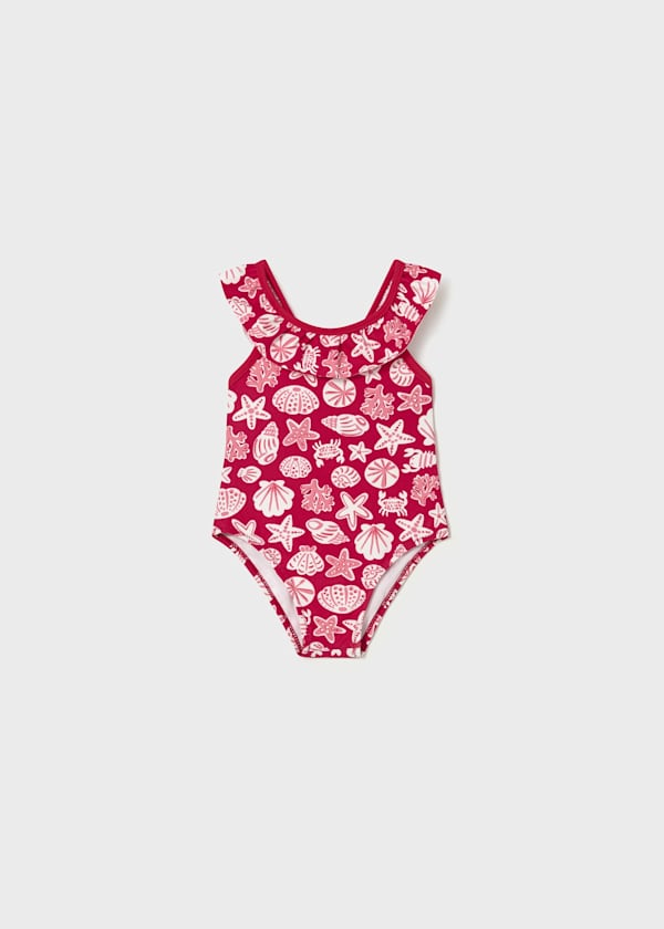 Printed Ruffled Trim Swimsuit in Red