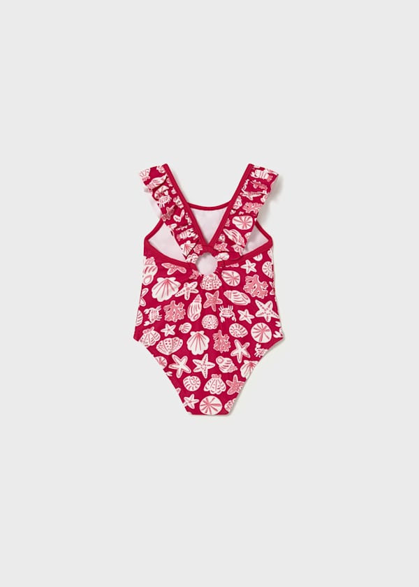 Printed Ruffled Trim Swimsuit in Red
