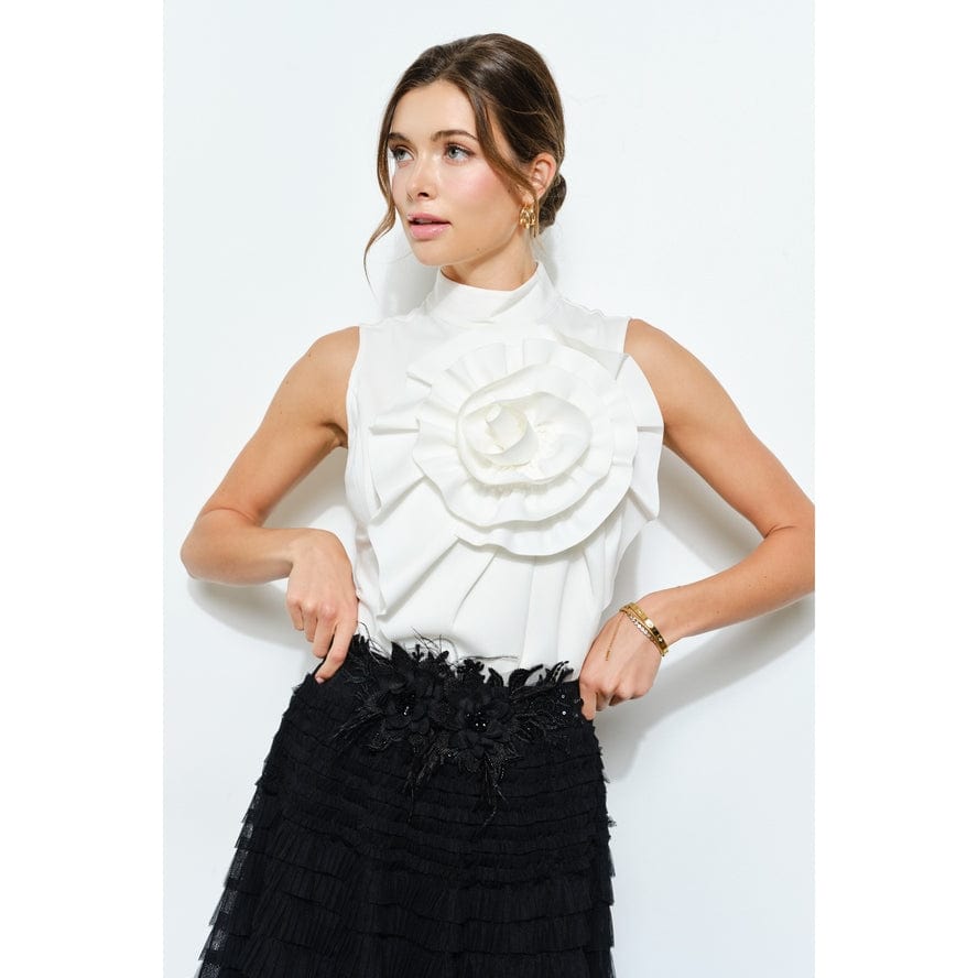 INA Floral Applique Pleated High Neck Top in Ivory - Little Miss Muffin Children & Home