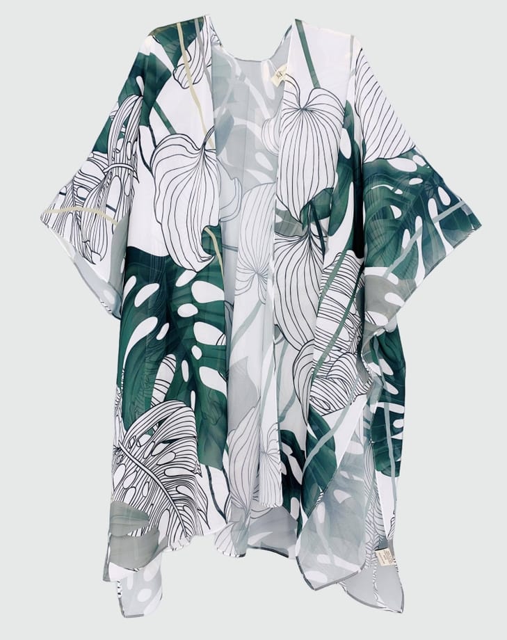 White-Dark Green Tropical Leaf Kimono