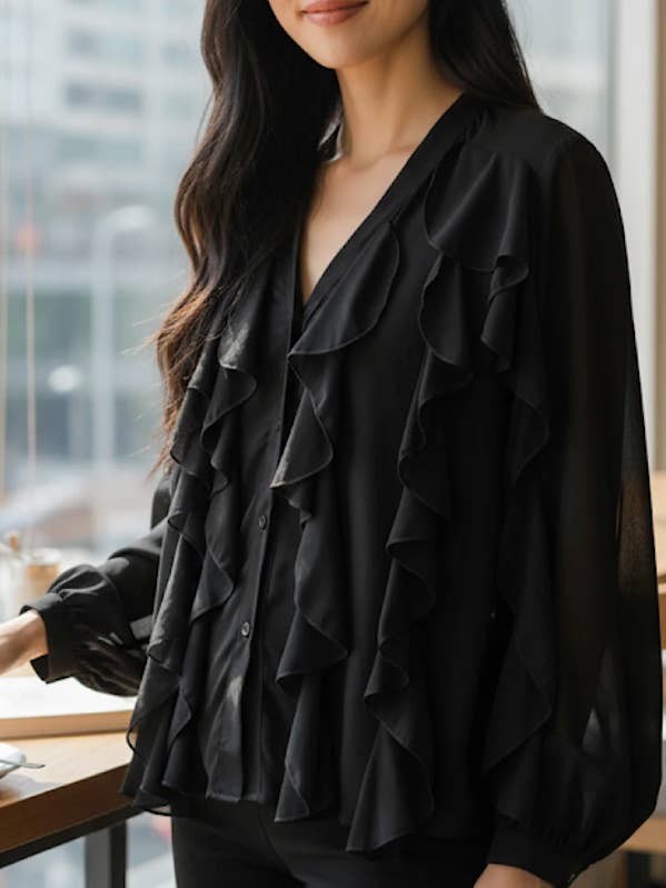 black ruffle blouse