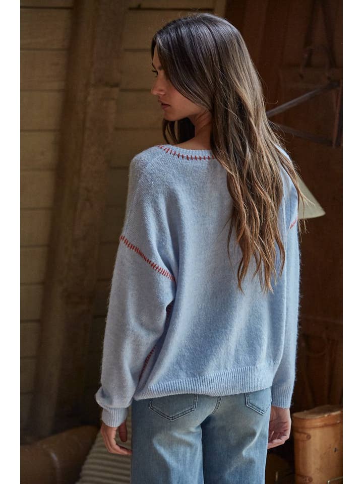 blue contrast knit sweater