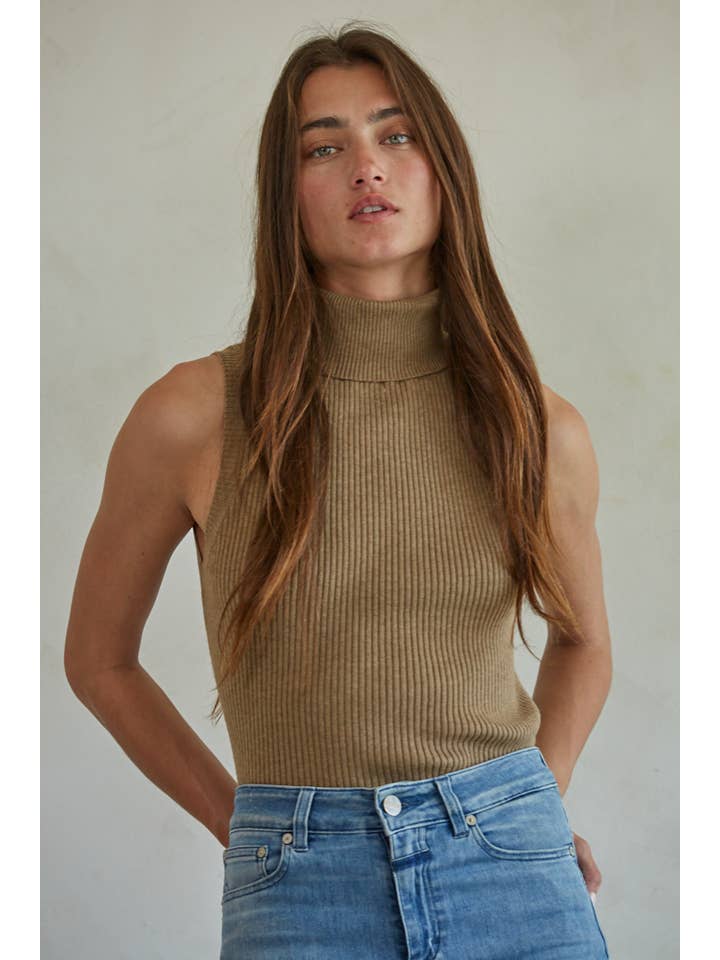 brown sleeveless turtle neck
