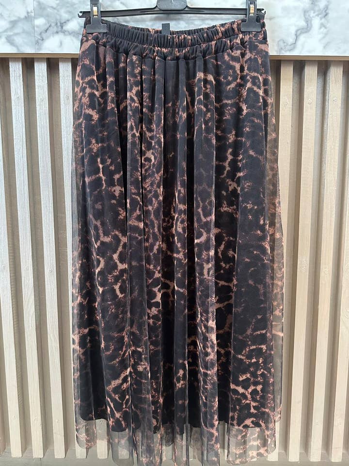 brown leopard tulle midi skirt