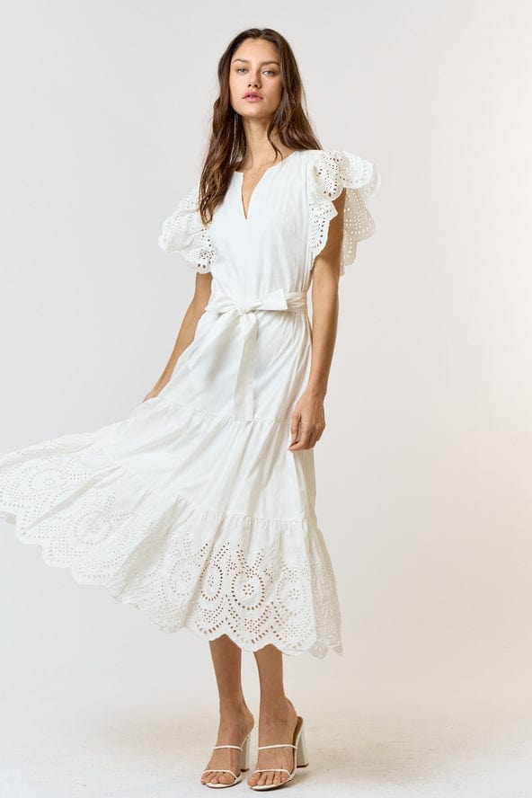 Eyelet Flutter Sleeve Midi Dress White / S