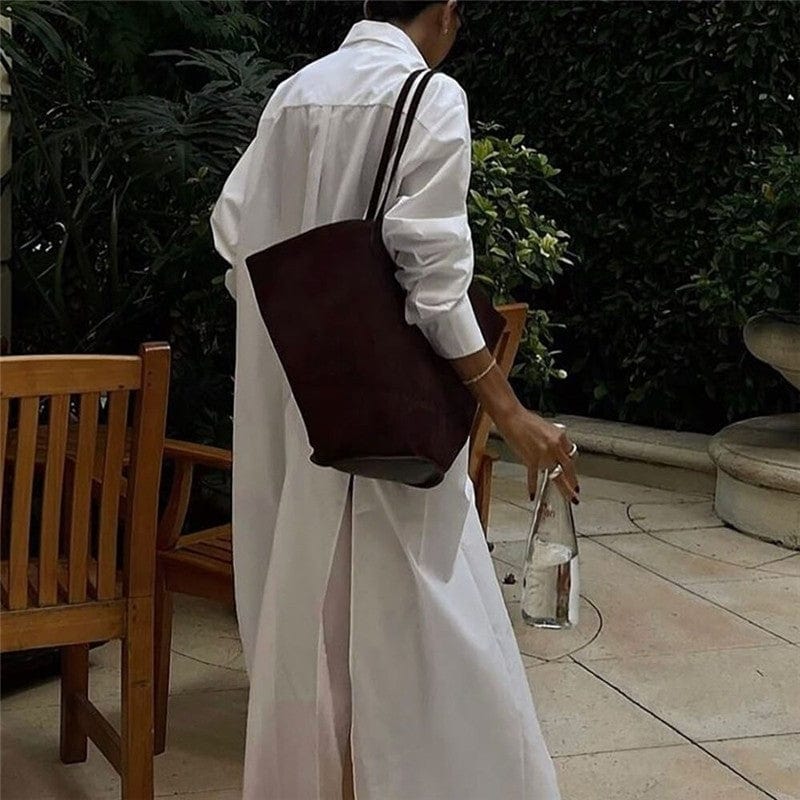 Casual White Split Hem Loose Maxi Shirt Dress