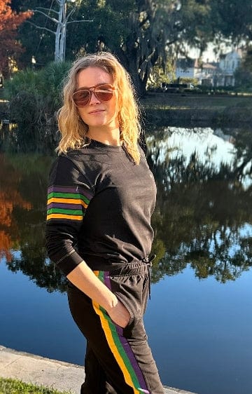 Mardi Gras Creations Mardi Gras Creations French Terry Vintage Arm Stripe Pullover in Black - Little Miss Muffin Children & Home