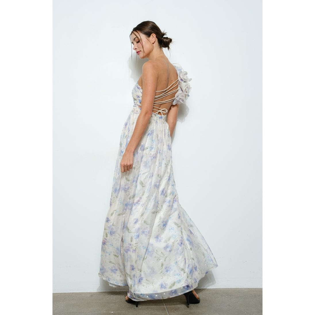 Floral One-Shoulder Lace Up Back Chiffon Maxi Dress Ivory Floral / S