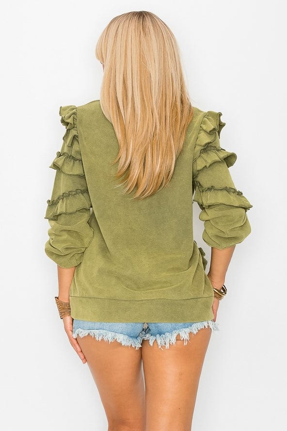 Cezele Cezele Ruffle Sleeve French Terry Sweatshirt in Olive - Little Miss Muffin Children & Home