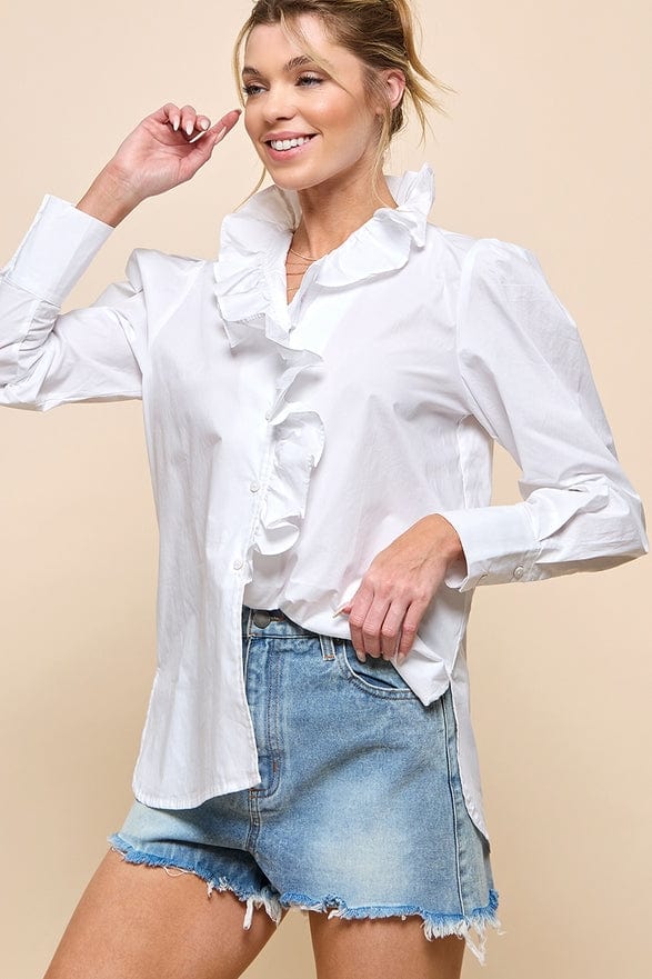 Cezele Cezele Ruffle Collar Button Down Blouse in White - Little Miss Muffin Children & Home