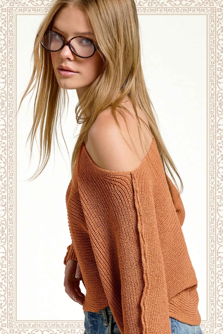 La Miel Boat Neck Off Shoulder Cozy Dolman Sleeve Sweater in Cinnamon - Little Miss Muffin Children & Home