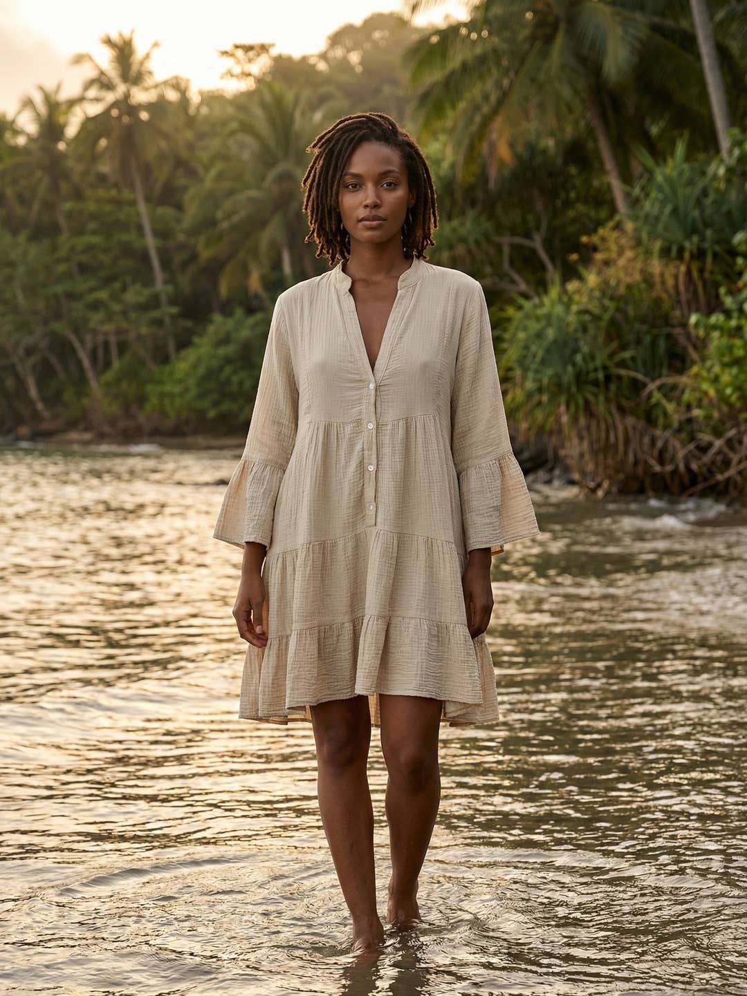 gauze beach dress Beige 3/4 Sleeves Cotton Italian Short Euro Summer 2023 Color:Mocha Gold Long Royal Blue Dress The ankle