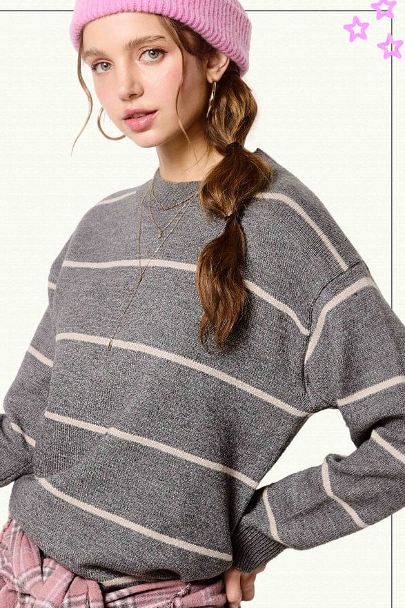 La Miel La Miel Loose Fit Striped Long Sleeve Sweater in Pebble - Little Miss Muffin Children & Home