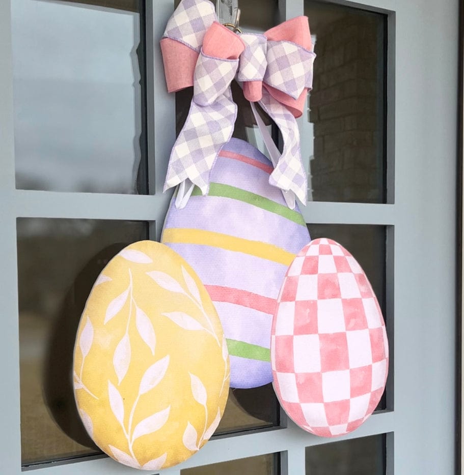 Front Porch Elegance Front Porch Elegance Watercolor Egg Trio Door Hanger with Bow, Lavender Checked + Pink - Little Miss Muffin Children & Home