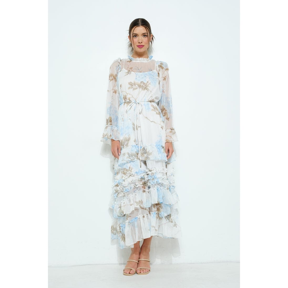 Floral Chiffon Layered Ruffle Skirt Maxi Dress Floral Chiffon Layered Ruffle Skirt Maxi Dress