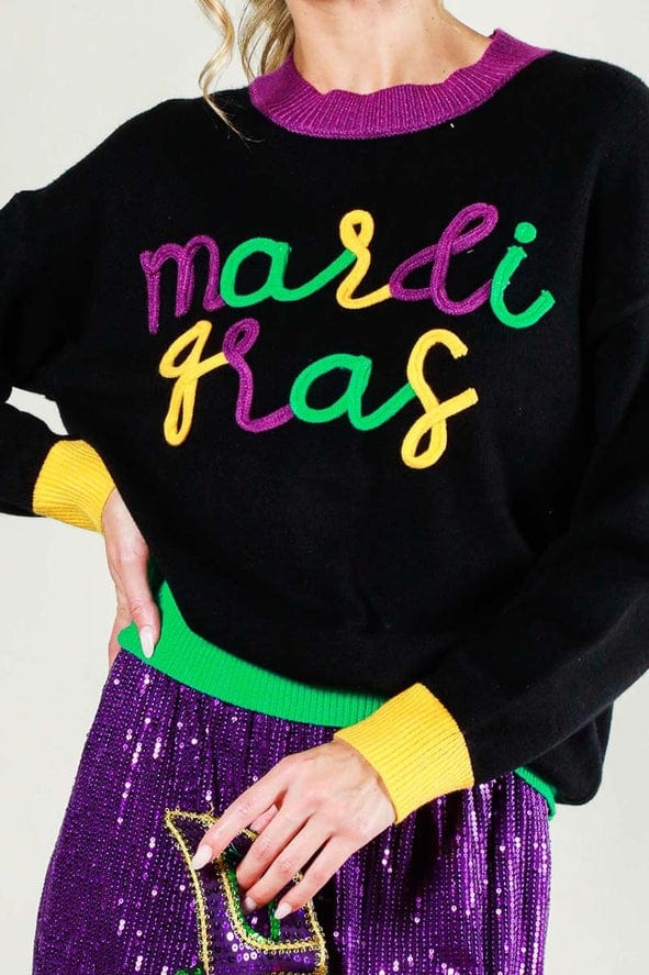 Vine & Love Vine & Love Mardi Gras Contrast Letter Sweater in Black - Little Miss Muffin Children & Home