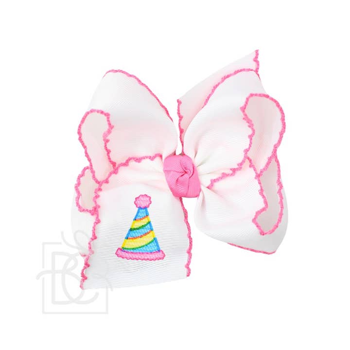 Beyond Creations Embroidered New Cake Crochet Edge 4.5" Large Bow with Birthday Hat - Little Miss Muffin Children & Home