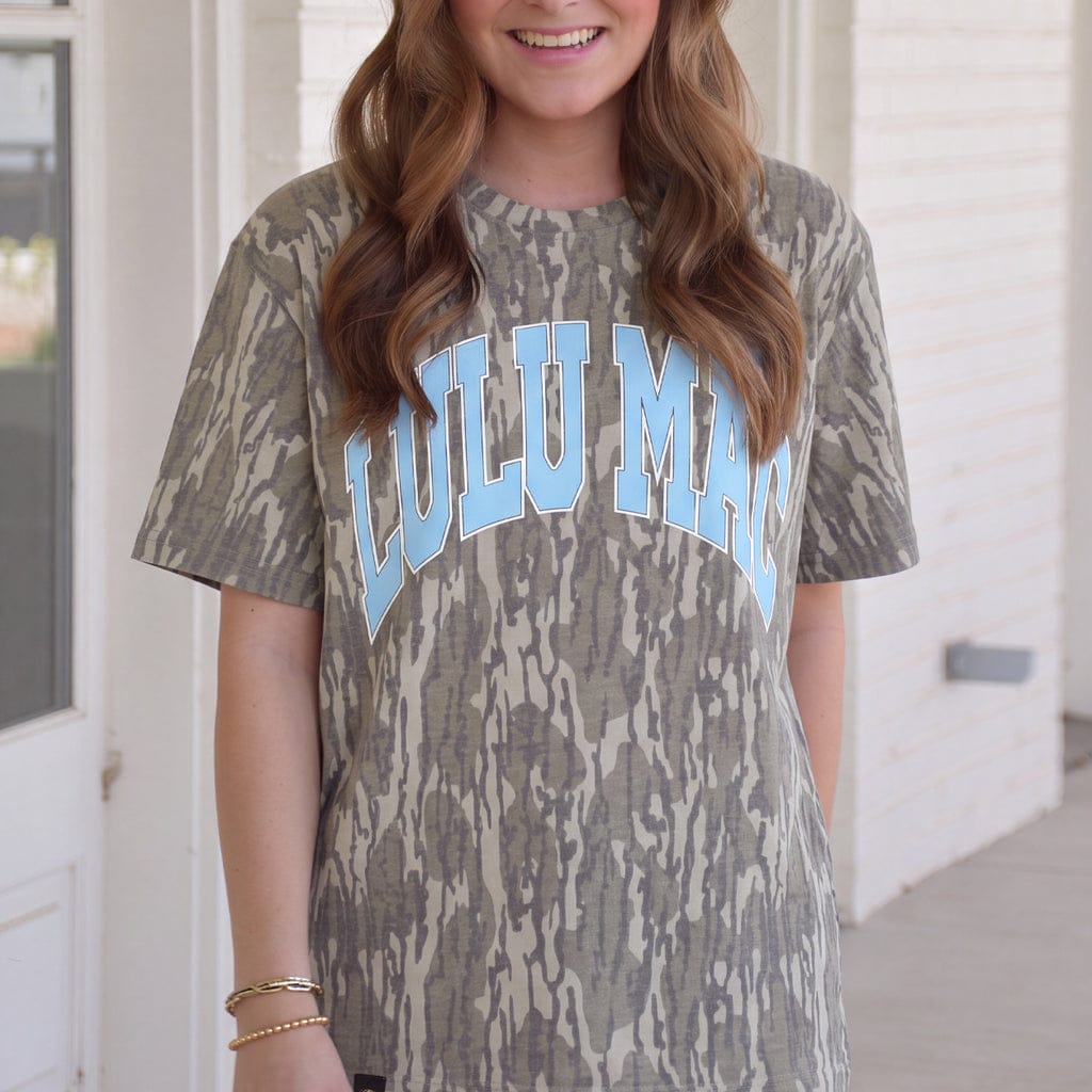 LM-TS-1001 Lulu Mac Logo Mossy Oak Bottomland Print Tee with Light Blue