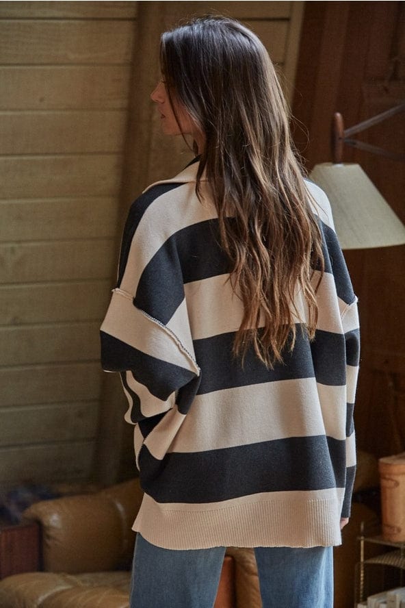 By Together Knit Striped Half Zip Oversized Turtleneck Top - Little Miss Muffin Children & Home