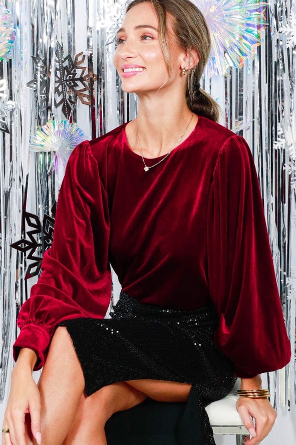 Vine & Love Vine & Love Long Balloon Sleeve Round Neck Velvet Blouse Top in Burgundy - Little Miss Muffin Children & Home