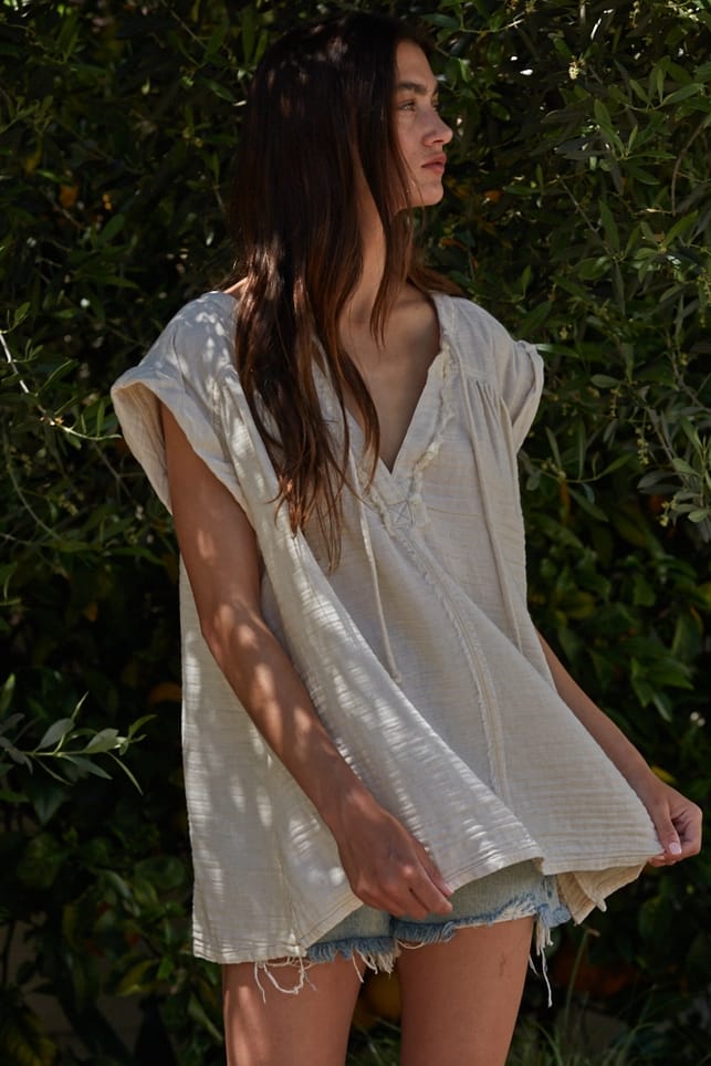Natural Woven Cotton Polyester V-Neck Tie Strap Top