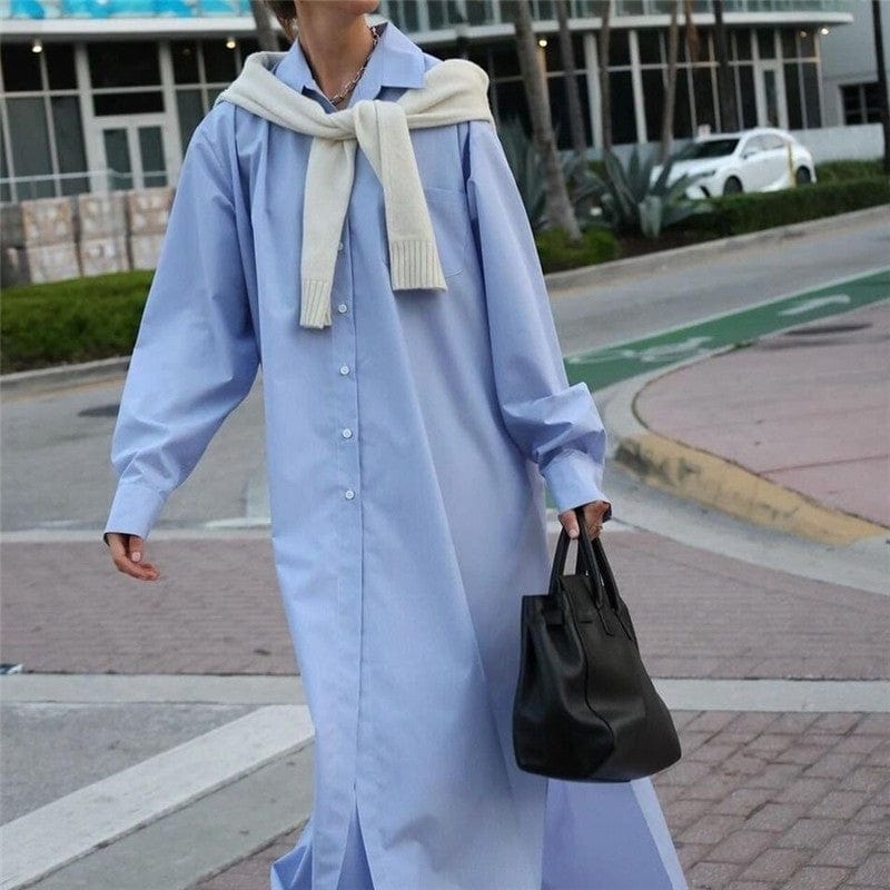 Casual Blue Split Hem Loose Maxi Shirt Dress