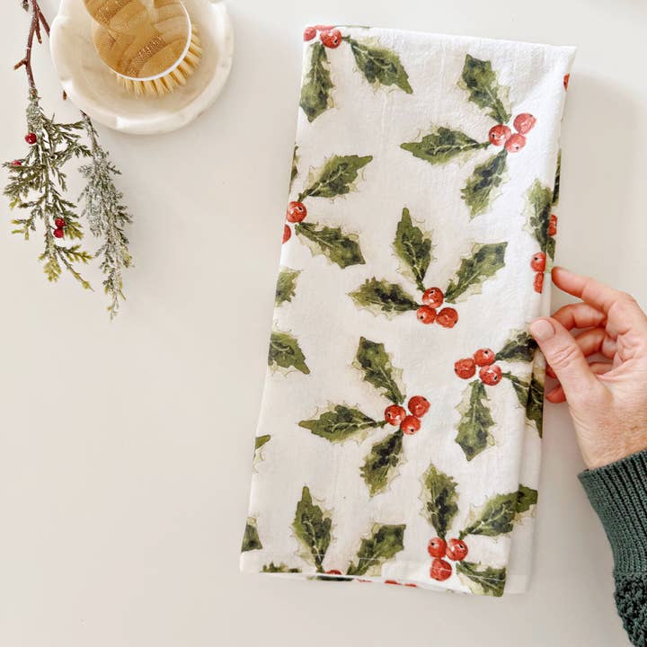 christmas holly berry tea towel