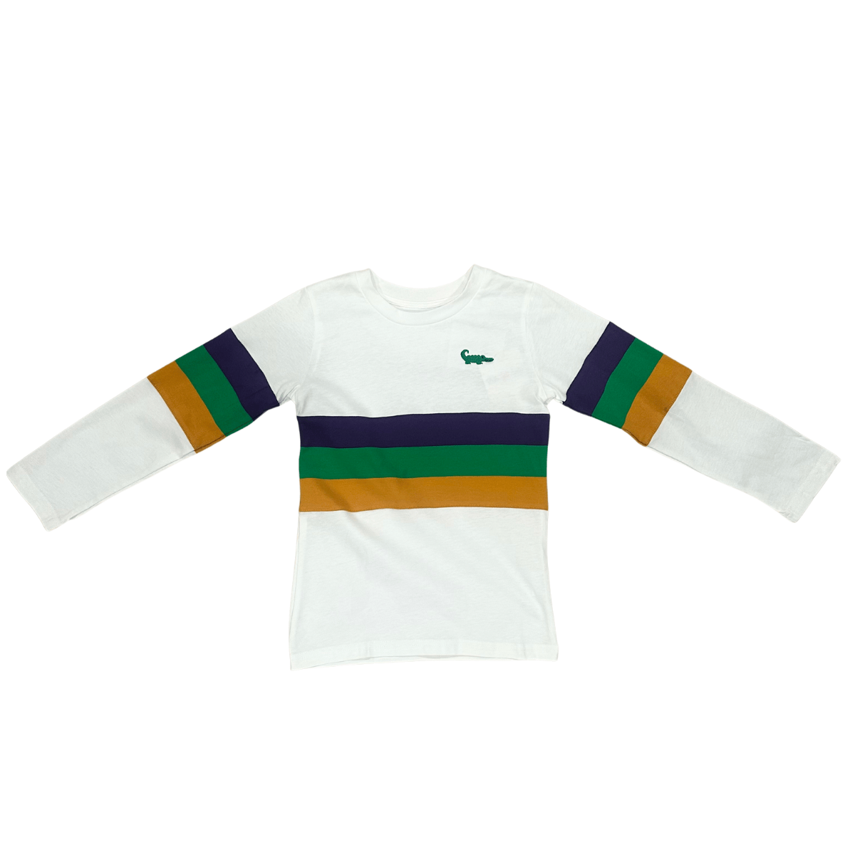 Mardi Gras Rugby Stripe Long Sleeve White Crew Neck Tee