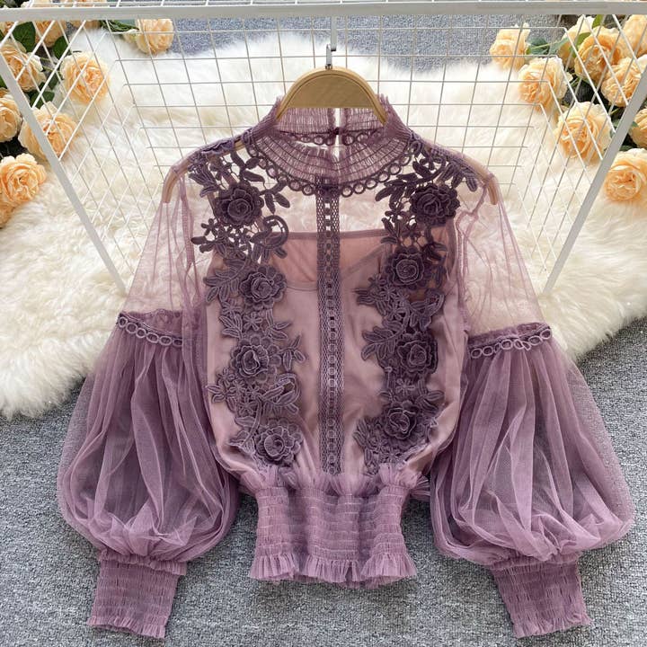 Rosa Clothing Sheer Vintage Mesh Balloon Sleeve Top with Cami in Purple - Little Miss Muffin Children & Home