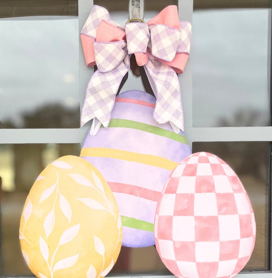 Front Porch Elegance Front Porch Elegance Watercolor Egg Trio Door Hanger with Bow, Lavender Checked + Pink - Little Miss Muffin Children & Home
