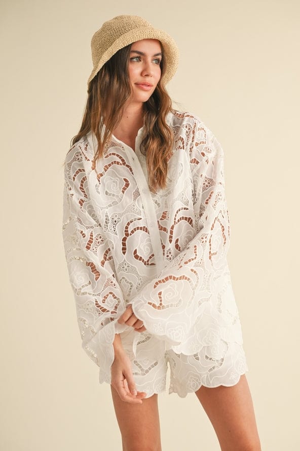 Miou Muse Miou Muse Floral Eyelet Pattern Shirt in White - Little Miss Muffin Children & Home