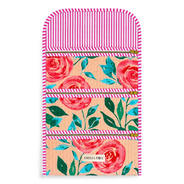 Cotton Quilted Jewelry Roll in Rose