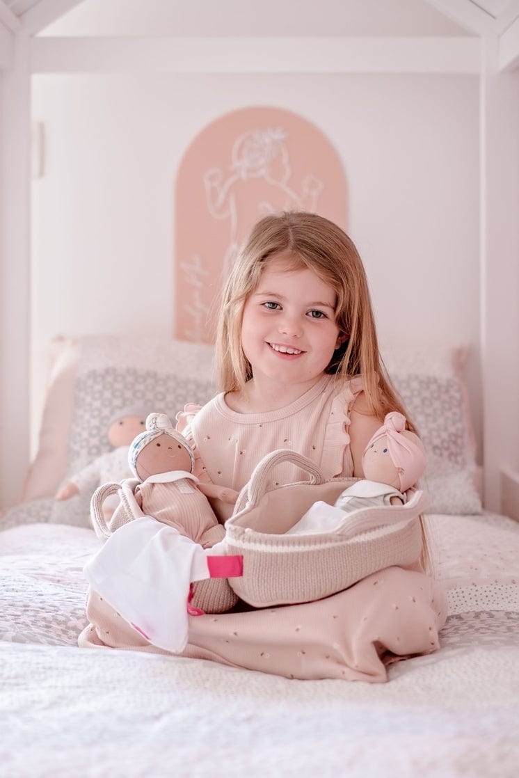 Tikiri Toys Tikiri Toys Soft Doll Rheya Baby Dark Skin with Carry Cot, Bottle & Blanket - Little Miss Muffin Children & Home