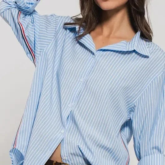 Urban Daizy Urban Daizy Twill Tape Button Down Oversized Stripe Shirt in Blue Stripe - Little Miss Muffin Children & Home
