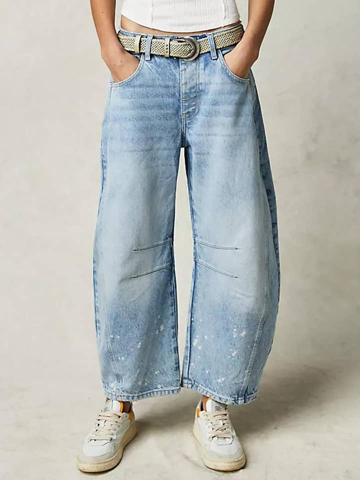 Misty Blue Ladies Mid Rise Wide Leg Barrel Jeans