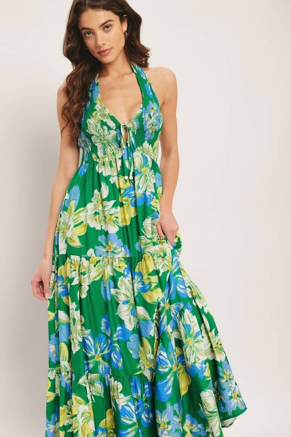 Green Palm Shore Print Woven Maxi Dress