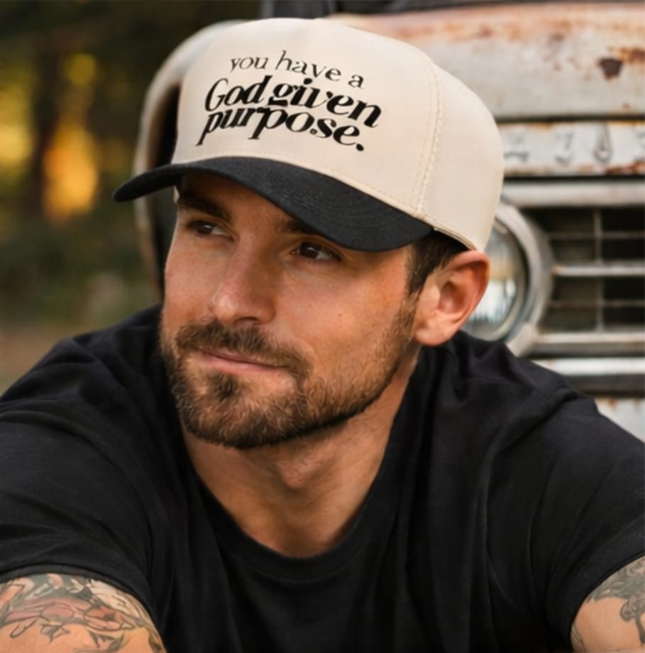 God Given Purpose Cream Trucker Hat with Black Bill