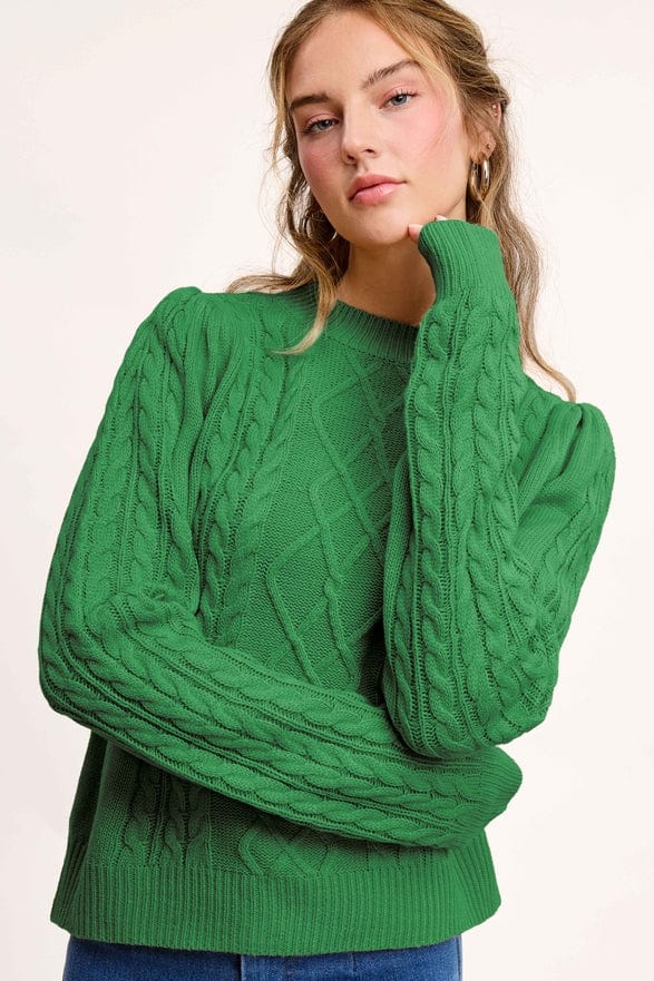 La Miel La Miel Cable Knit Crew Neck Sweater in Pine Tree - Little Miss Muffin Children & Home