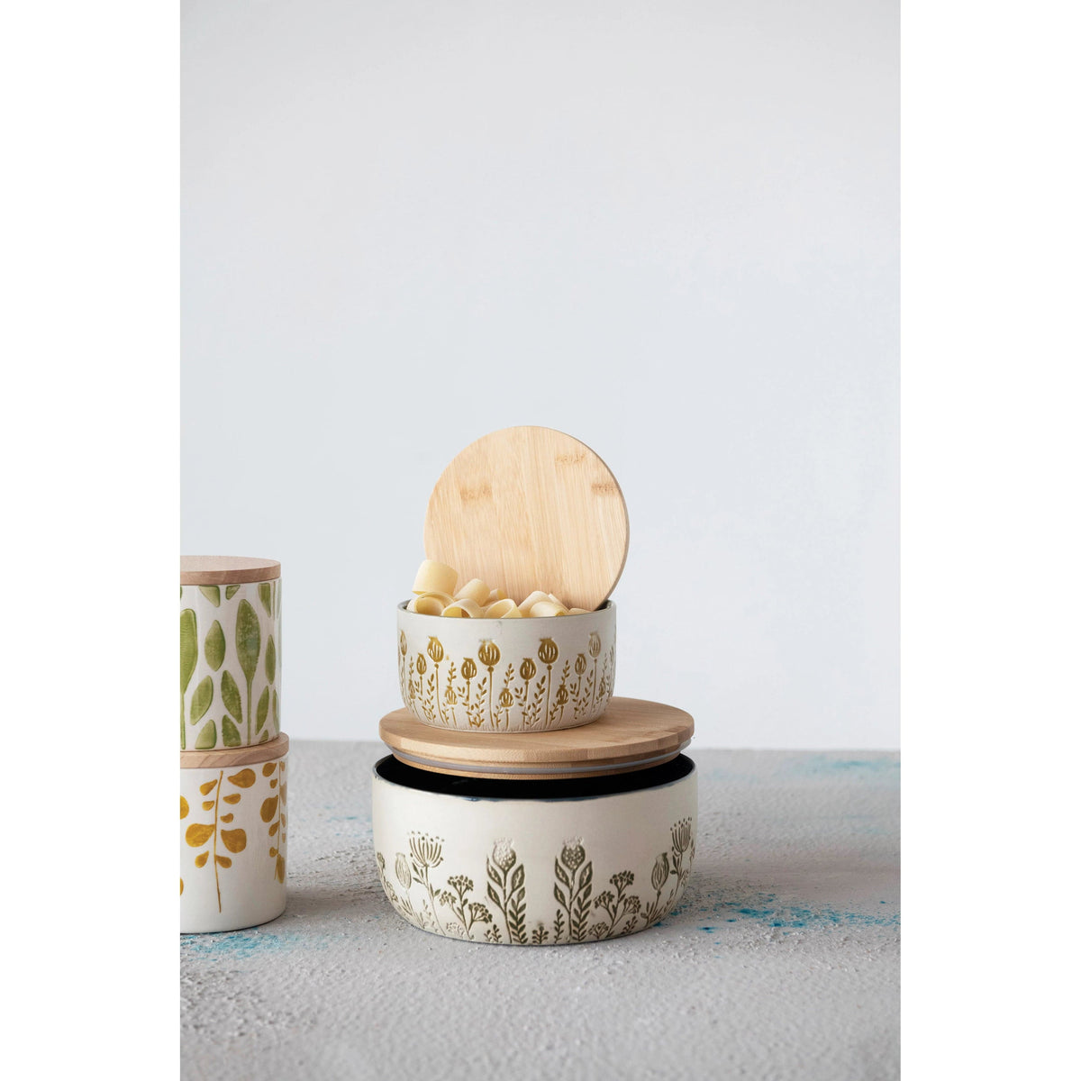 Creative Co-Op Creative Co-op Debossed Floral Pattern Stoneware Canister with Bamboo Lid - Little Miss Muffin Children & Home