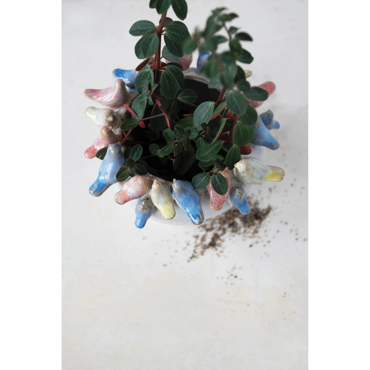 Creative Co-Op Creative Co-op Stoneware Planter with Birds on Rim, Reactive Glaze - Little Miss Muffin Children & Home