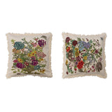 Creative Co-op Cotton Printed Pillow with Floral Embroidery & Fringe