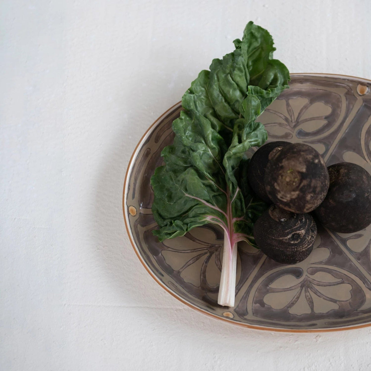 Creative Co-op Creative Co-op Oval Hand-Painted Stoneware Platter with Pattern, Brown - Little Miss Muffin Children & Home