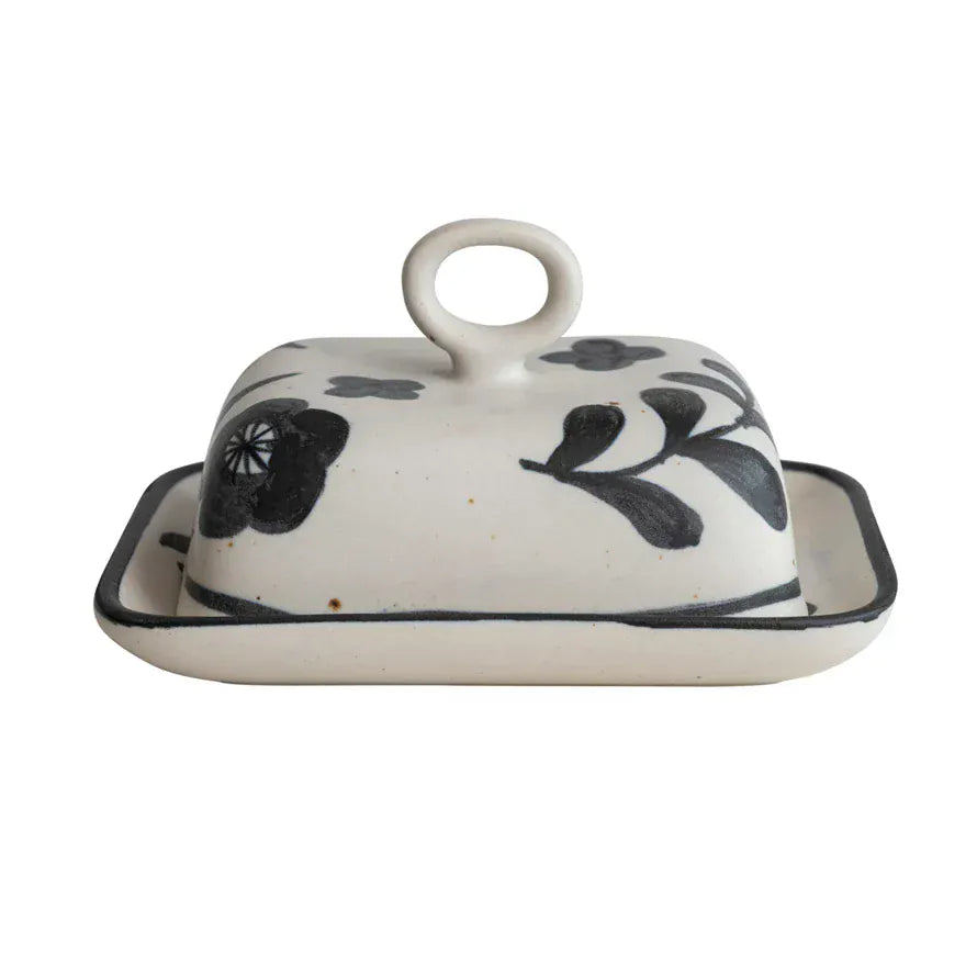 Creative Co-op Hand-Painted Floral Design Stoneware Butter Dish - Little Miss Muffin Children & Home