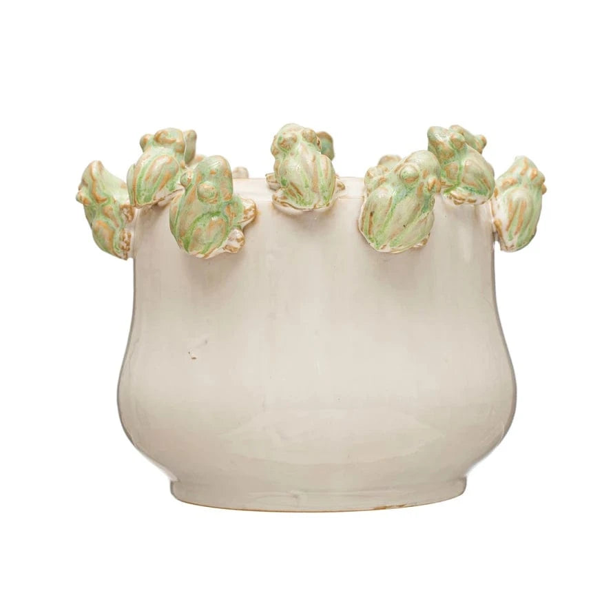 Creative Co-op Stoneware Planter with Frogs on Rim, Reactive Glaze (Each One Will Vary) - Little Miss Muffin Children & Home