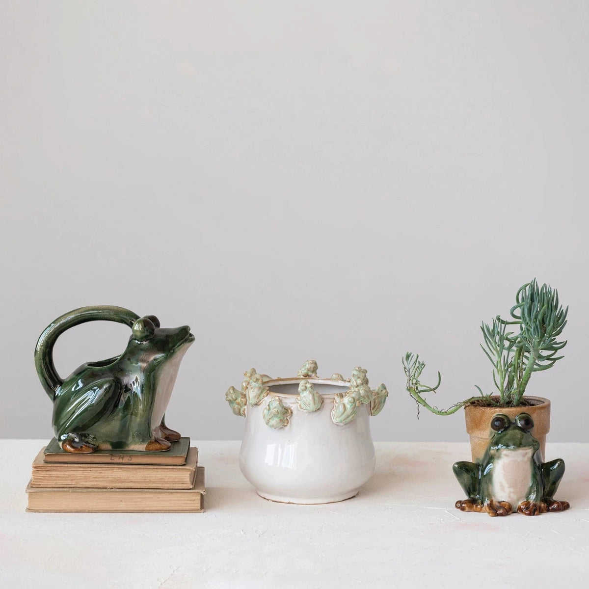Creative Co-op Stoneware Planter with Frogs on Rim, Reactive Glaze (Each One Will Vary) - Little Miss Muffin Children & Home
