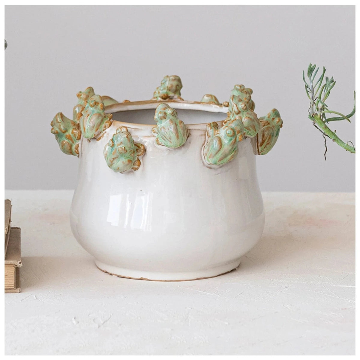 Creative Co-op Stoneware Planter with Frogs on Rim, Reactive Glaze (Each One Will Vary) - Little Miss Muffin Children & Home
