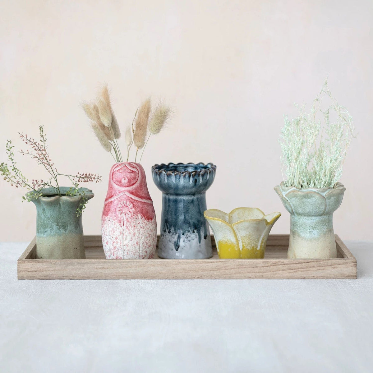 Creative Co-Op Creative Co-op Six Piece Stoneware Vases with Wood Tray Set - Little Miss Muffin Children & Home