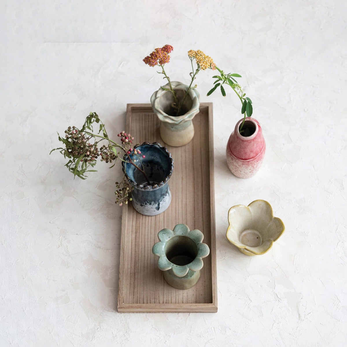 Creative Co-Op Creative Co-op Six Piece Stoneware Vases with Wood Tray Set - Little Miss Muffin Children & Home