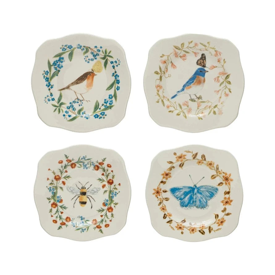 Creative Co-op Stoneware Scalloped Plate with Insect/Bird & Flowers, 4 Styles Available - Little Miss Muffin Children & Home