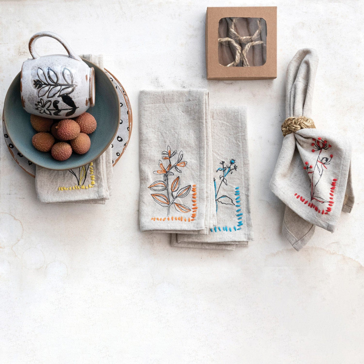 Cotton Printed Napkins with Hand-Embroidery & French Knots, Set of 4